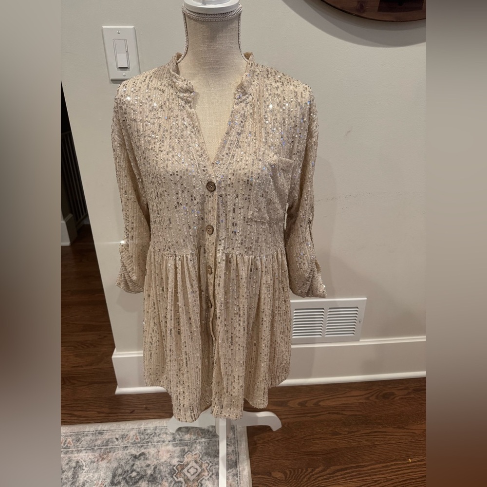 Sequin Beige Button-Up Dress